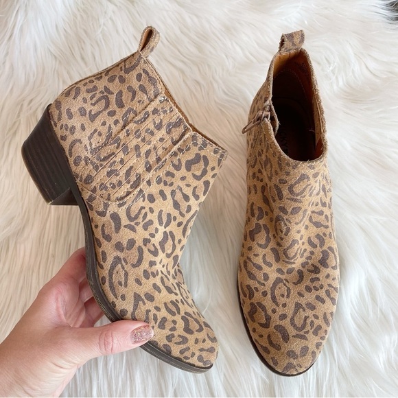 Lucky Brand Bimare Leather Ankle Bootie Javan Natural Leopard Printed Cow Suede - Picture 1 of 9